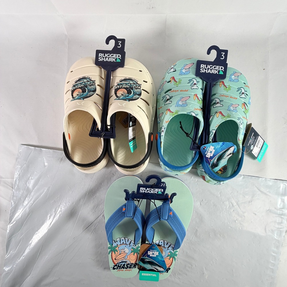 Rugged Shark Discovery Shark Week Clogs and Flip Flops Kids Size 3 & 2-3 NWT
